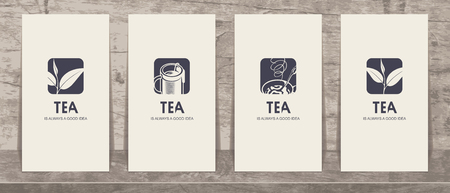 Set of four vector business cards with drawings on the theme of tea. Tea is always a good ideaのイラスト素材
