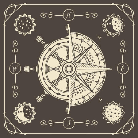 Vector banner with wind rose, old compass, ship wheel, decorative moons and suns in various phases in retro style on the brown background. Illustration on the theme of travel, adventure and discovery.のイラスト素材