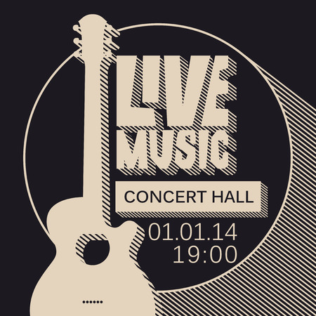 Vector poster for a live music concert or festival with an acoustic guitar and inscription in retro style. Template for flyers, banners, invitations, brochures and coversのイラスト素材