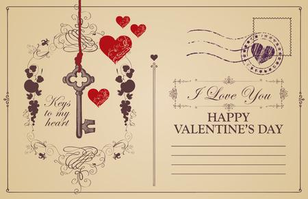 Retro valentine card in form of postcard with key and red hearts. Romantic vector card in vintage style with place for text and with calligraphic inscriptions I love you and Keys to my heartのイラスト素材