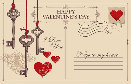 Retro valentine card in form of postcard with keys, keyhole and red hearts. Romantic vector card in vintage style with place for text and with calligraphic inscriptions I love you and Keys to my heartのイラスト素材