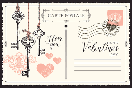 Valentine card in form of postcard with keys, keyhole and red hearts. Romantic vector card in vintage style with place for text and with handwritten inscriptions I love you and Happy Valentines dayのイラスト素材