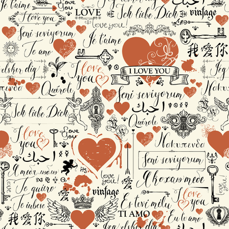 Vector seamless background with red hearts, keys, keyholes, cupids and love theme letterings. Abstract background in retro style with hand written declarations of love in different languages.のイラスト素材