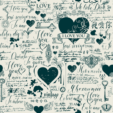 Vector seamless background with hearts, keys, keyholes and love theme letterings. Abstract background in retro style with hand written declarations of love in different languages and old manuscript.のイラスト素材