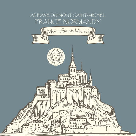 Vector banner in retro style with hand drawn illustration of Mont Saint-Michel, France. French sightseeing, abbey fortress on the island.のイラスト素材
