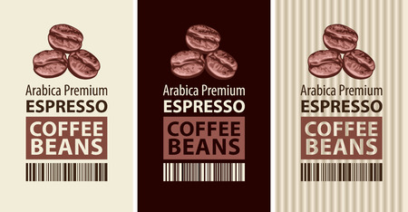 Vector set of coffee bean labels. Coffee labels with three coffee beans, barcode and text. Espressoのイラスト素材
