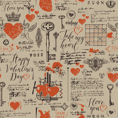 Vector seamless background on the theme of Declaration of love and Valentine's day in retro style. Abstract background with red hearts, keys, keyholes, cupids and handwritten inscriptions.のイラスト素材