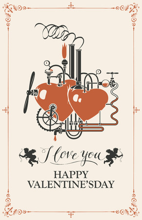 Vector Valentine card or banner with two hearts connected by different mechanisms and pipes. Love factory. Romantic vector card in retro style with inscriptions and cupidsのイラスト素材