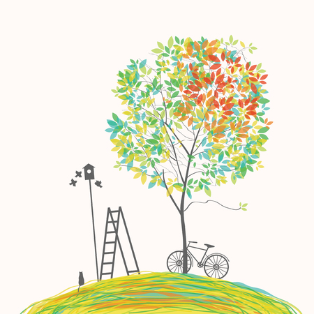 Vector illustration on the spring theme with green tree, bike, birds, birdhouse, cat and ladder on the hill in cartoon style.のイラスト素材