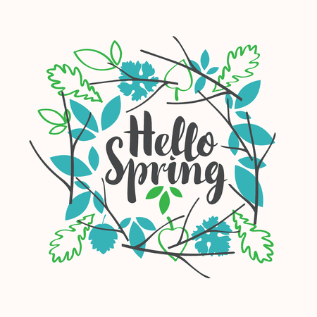 Black vector handwritten inscription Hello spring framed with a wreath of various green leaves and twigs. Can be used for flyers, banners or posters, t-shirt designのイラスト素材