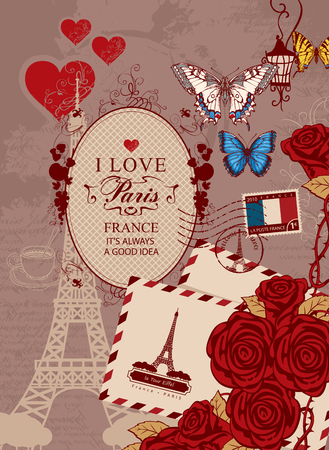Vector travel banner in vintage style with words I love Paris, with Eiffel Tower, butterfly and red roses, envelopes, postage stamp and french flag on the background of the old manuscript with spots.のイラスト素材