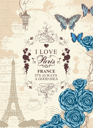 Vector travel banner in vintage style with words I love Paris, with the famous french Eiffel Tower, blue butterflies and roses on the background of the old manuscript with spots.のイラスト素材