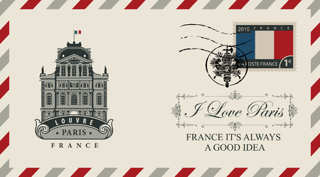 Envelope or postcard in retro style, postmark in form of French coat of arms and postage stamp with French flag.のイラスト素材