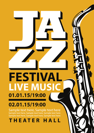 Poster for a jazz festival of live music with a saxophone and place for text in retro style on yellowのイラスト素材