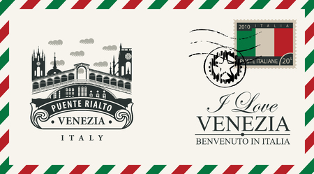Envelope or postcard in retro style with Ponte di Rialto bridge, postmark and postage stamp with Italian flag.のイラスト素材
