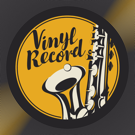 Vector poster or cover with saxophone and calligraphic inscription on black vinyl record in retro styleのイラスト素材
