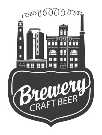 Banner for brewery and craft beer with a calligraphic inscription and image of building of old brewery in retro style.のイラスト素材