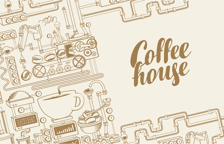 Vector banner on coffee theme with a cup of freshly brewed drink, plant with conveyor coffee production and calligraphic inscription Coffee House in retro style. Decorative coffee makerのイラスト素材
