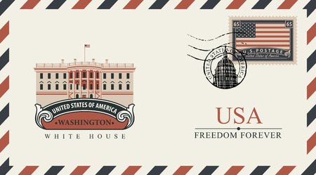 Vector postcard or envelope with famous Washington White House and inscriptions.の素材 [FY310118687534]