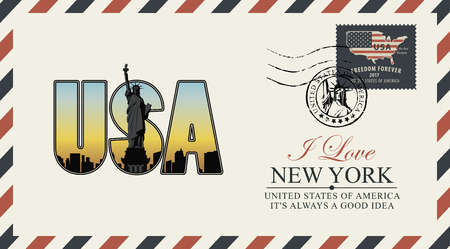Vector postcard or envelope with letters USA with New York skyline, Statue of Liberty and inscriptions.のイラスト素材