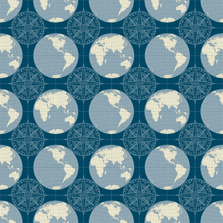 Vector seamless pattern on the theme of nautical travel, adventure and discovery. Wind roses and world maps in retro style on a blue backgroundのイラスト素材