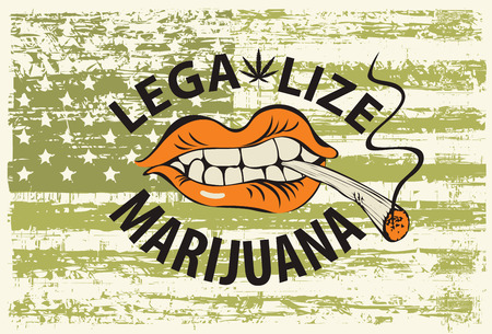 Vector banner with words Legalize marijuana with a human mouth with a joint or a cigarette in his teeth on abstract background of american flag in grunge style. Smoking weed. Drug consumptionのイラスト素材