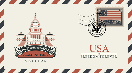 Vector postcard or envelope with famous Washington Capitol building and inscriptions. Postcard with postmark in form of coat of arms and postage stamp with flag of USAのイラスト素材