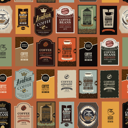 Vector seamless pattern on coffee and coffee house theme with various labels in retro style. Can be used as wallpaper or wrapping paperのイラスト素材