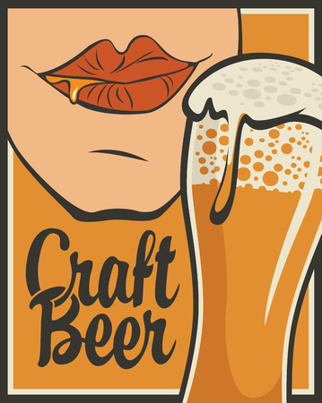 Vector banner on the theme of beer in retro style with calligraphic inscription Craft beer. Flat illustration with overflowing glass of frothy beer and mouth savoring beerのイラスト素材