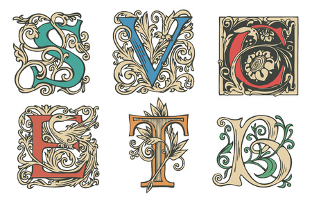 Vector set of six decorative hand drawn initial letters. English letters in vintage style. Fancy letters with curlsのイラスト素材