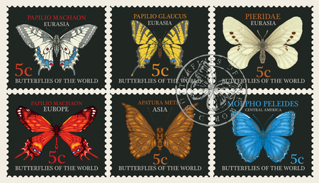 Set of postage stamps with different butterflies and their names on a black  in retro styleのイラスト素材