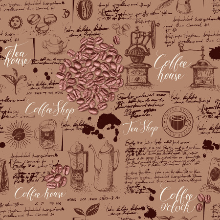 Vector seamless pattern on tea and coffee theme in retro style. Various coffee and tea sketches, blots and inscriptions on illegible handwritten background. Can be used as wallpaper or wrapping paperのイラスト素材