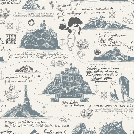 Vector abstract seamless background on the theme of travel, adventure and discovery. Old map with islands, lighthouses, sailboats and nautical symbols with notes, ink blots and stains in vintage styleのイラスト素材