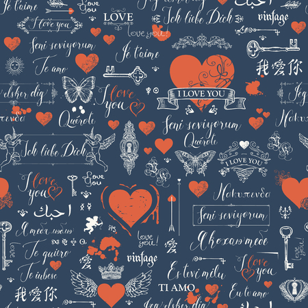 Vector seamless pattern with hearts, butterflies, cupids, keys, keyholes and love theme letterings. Abstract background in retro style with handwritten inscriptions I love you in different languages.のイラスト素材