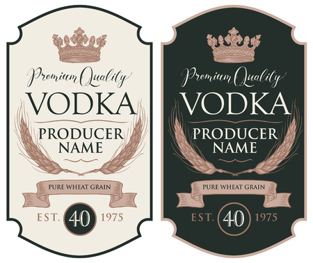 Set of two vector labels for vodka in the figured frame with crown, ears of wheat, ribbon and inscriptions in retro style. Premium quality, pure wheat grainのイラスト素材