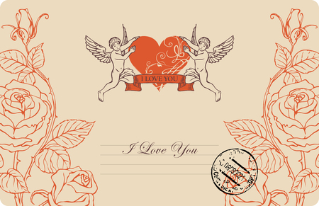 Vintage greeting card or postcard with cupids, red heart and roses. Romantic vector card in vintage style with calligraphic inscription I love you and place for textのイラスト素材