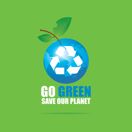 Vector banner on the theme of environmental protection and ecology. Planet Earth in form of apple with Recycling sign in the spray of clean water and the inscriptions Go Green, Save our Planetのイラスト素材