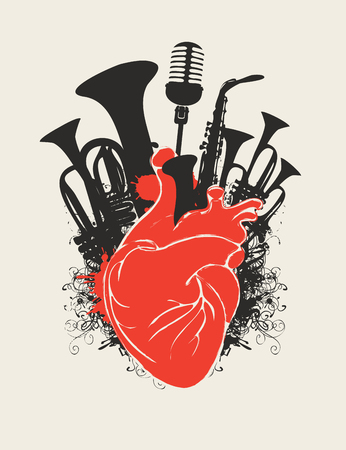 Vector music poster with red human heart and black silhouettes of wind instruments and microphone. Abstract musical illustration in retro style. Music in the heart, musical orchestral instruments.のイラスト素材