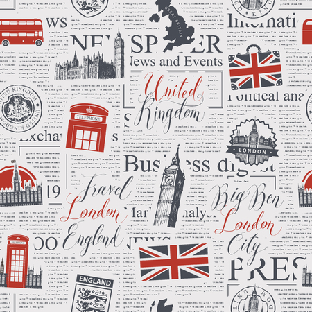 Vector seamless pattern on UK and London theme with inscriptions, British symbols, landmarks and flag in retro style on the background of news paper. Can be used as wallpaper, wrapping paper or fabricのイラスト素材