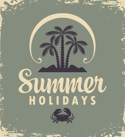 Vector travel banner or logo with palm trees, tropical island, decorative sun and words Summer Paradise on the old paper background. Summer poster, flyer, invitation or card in retro styleのイラスト素材