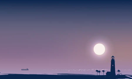Vector travel banner with a night tropical seascape. Silhouettes of lighthouse, palm trees and white ship in the sea at moonlit night. Summer poster, flyer, invitation, card, background.のイラスト素材