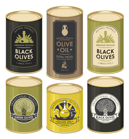 Set of vector illustration of tin cans with various labels for olive oil and canned black and green olivesのイラスト素材