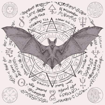 Vector illustration with a bat with open wings. Witchcraft magic, occult attributes, alchemy symbols.のイラスト素材
