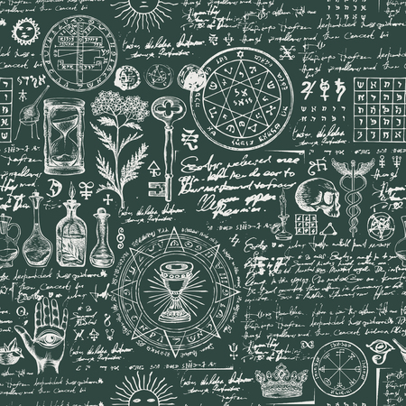 Theme of alchemy, medicine, magic, witchcraft and mysticism with various esoteric and occult symbols.のイラスト素材
