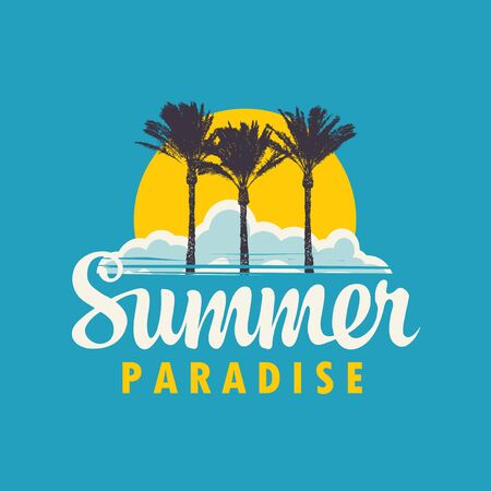 Travel banner or logo with palm trees, tropical island, sun, clouds and words Summer Paradise on the blueのイラスト素材