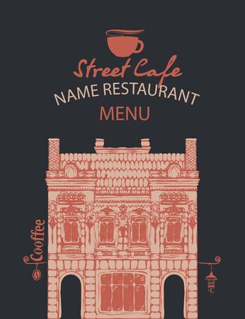 Menu for a street cafe or restaurant with a hand-drawn facade of an old building in retro style on a blackのイラスト素材