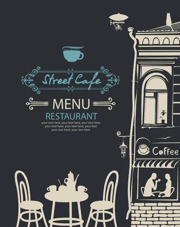 Menu for street cafe or restaurant with table for two in an old European town at night with place for text in retro styleのイラスト素材