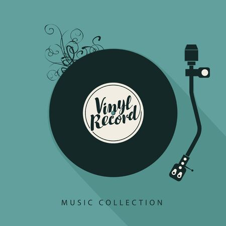 Music poster with old vinyl record, record player and calligraphic lettering in retro style. Music collectionのイラスト素材