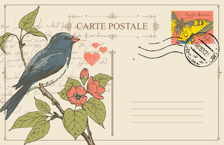 Greeting card or retro postcard with postage stamp and hand-drawn bird on branch of flowering tree.のイラスト素材