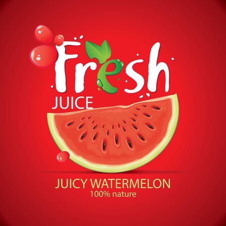 Banner or label for fresh watermelon juice with realistic watermelon slice, juice drops and large lettering Fresh on redのイラスト素材